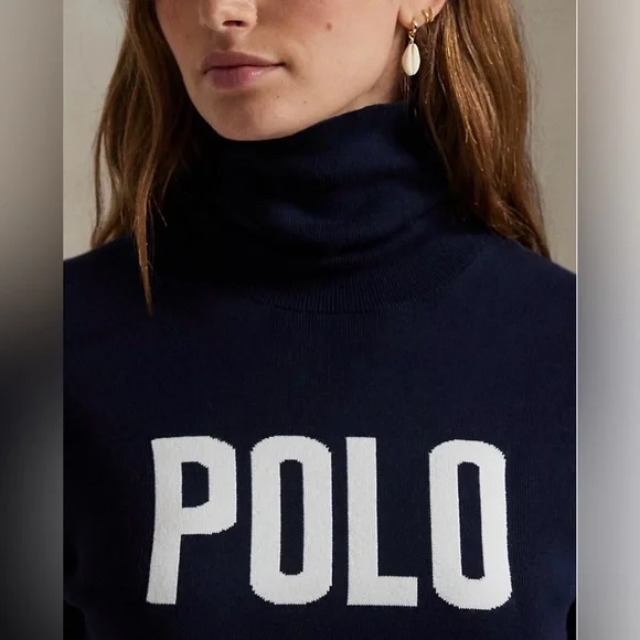 NWT Women’s Polo Ralph Lauren Logo Turtleneck Sweater in hunter navy, size large - Picture 4 of 15
